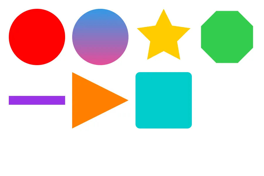 Android Create Shapes scene preview showing rectangles, ellipses, stars, polygons, lines, and vector paths