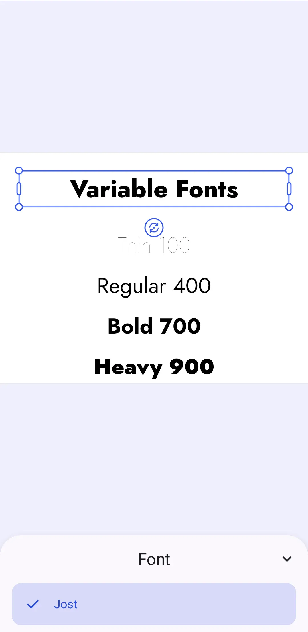 Text blocks at four different weights, all rendered from one variable font file in the Android editor