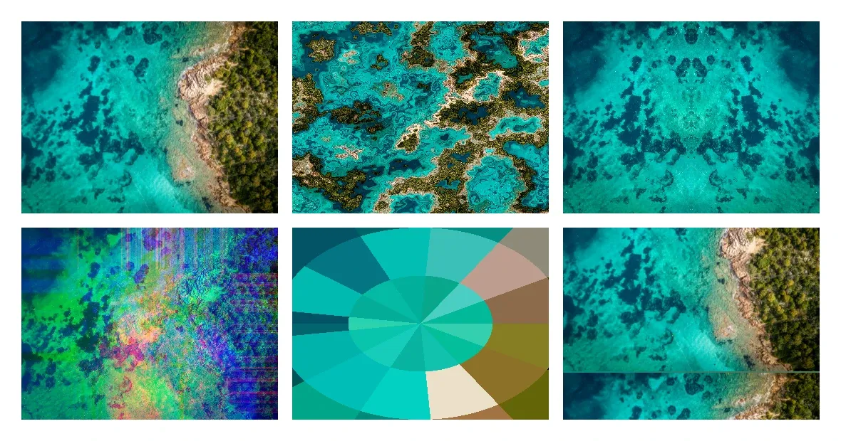 A grid showing the same photo unaltered alongside the liquid, mirror, shifter, radial pixel, and TV glitch distortion effects