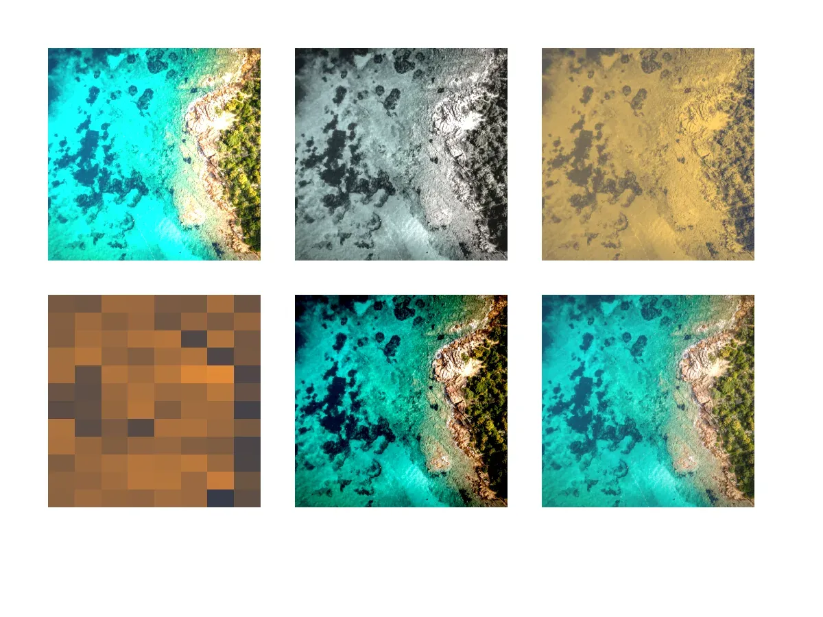 The same photo shown in an Android-generated guide output grid under different effects: the original, pixelization, an adjustments effect, a duotone filter, a LUT filter, and a combination of effects