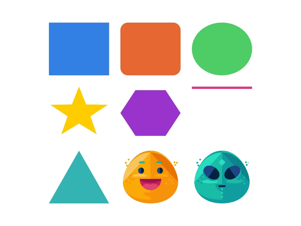 A grid of rectangles, rounded rectangles, ellipses, stars, polygons, lines, vector paths, and sticker graphics.