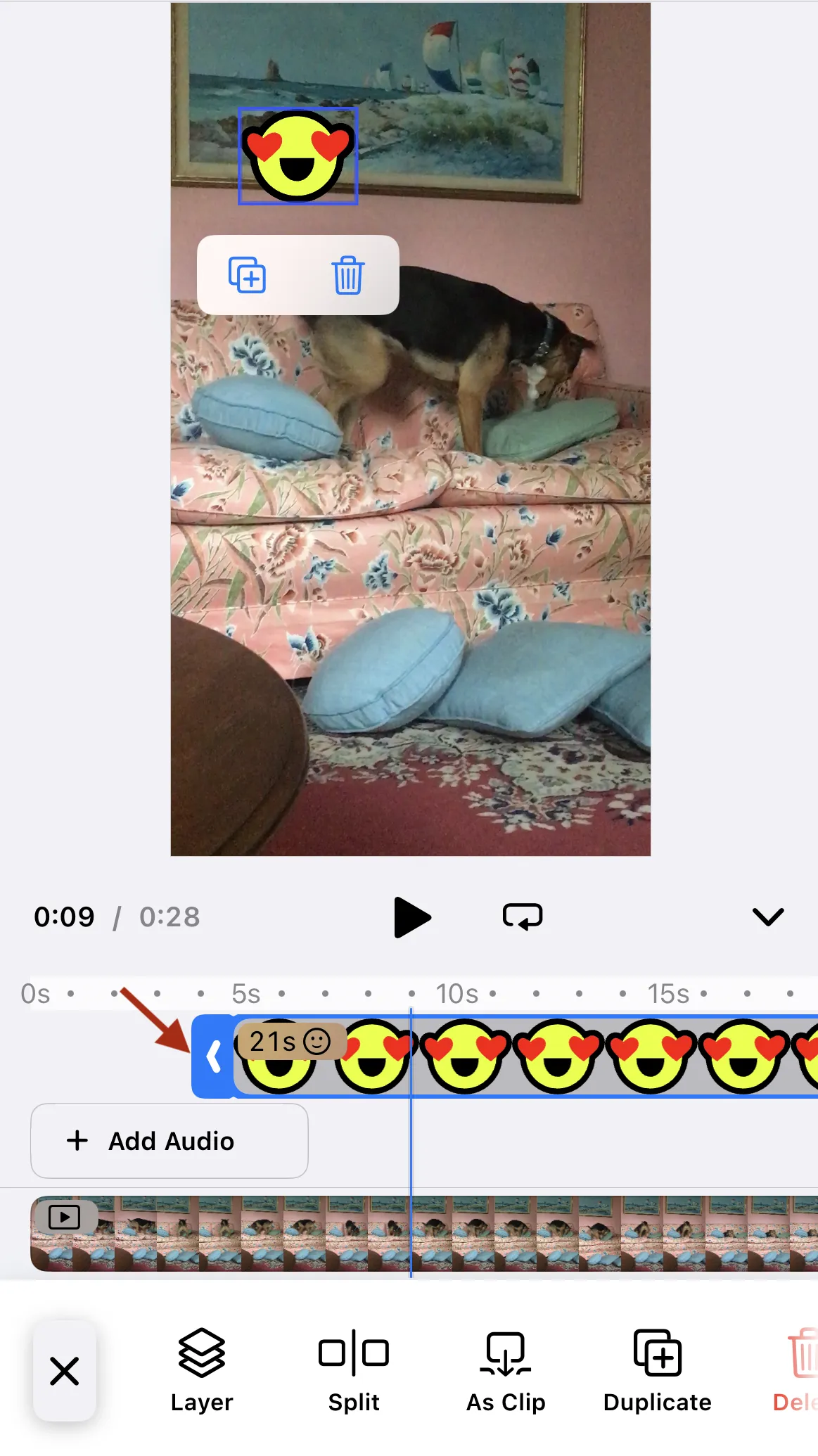 UI with a selected annotation, arrow points to the clip handles.