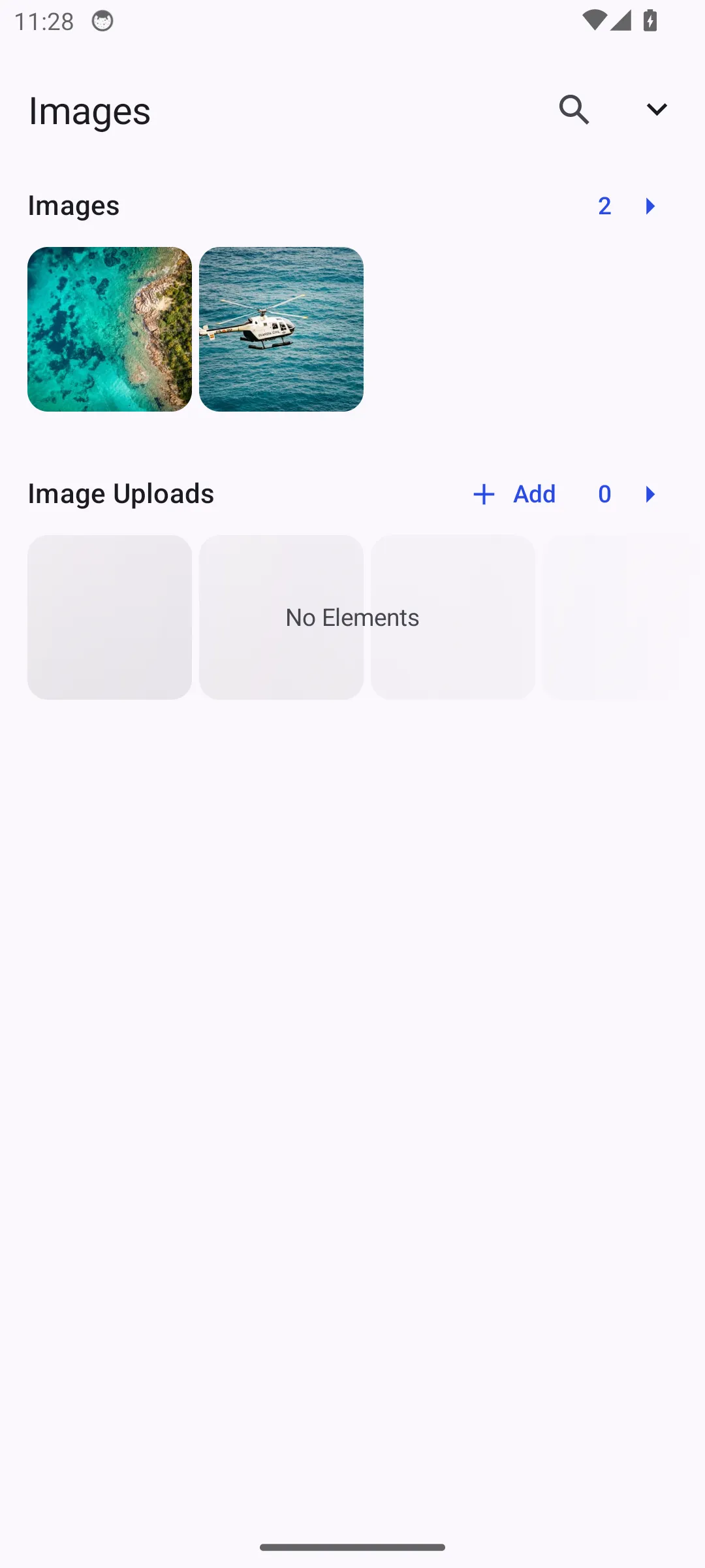 Customized Android asset library showing image and upload sections.