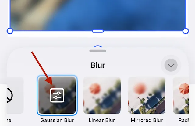 Selected blur control showing options button