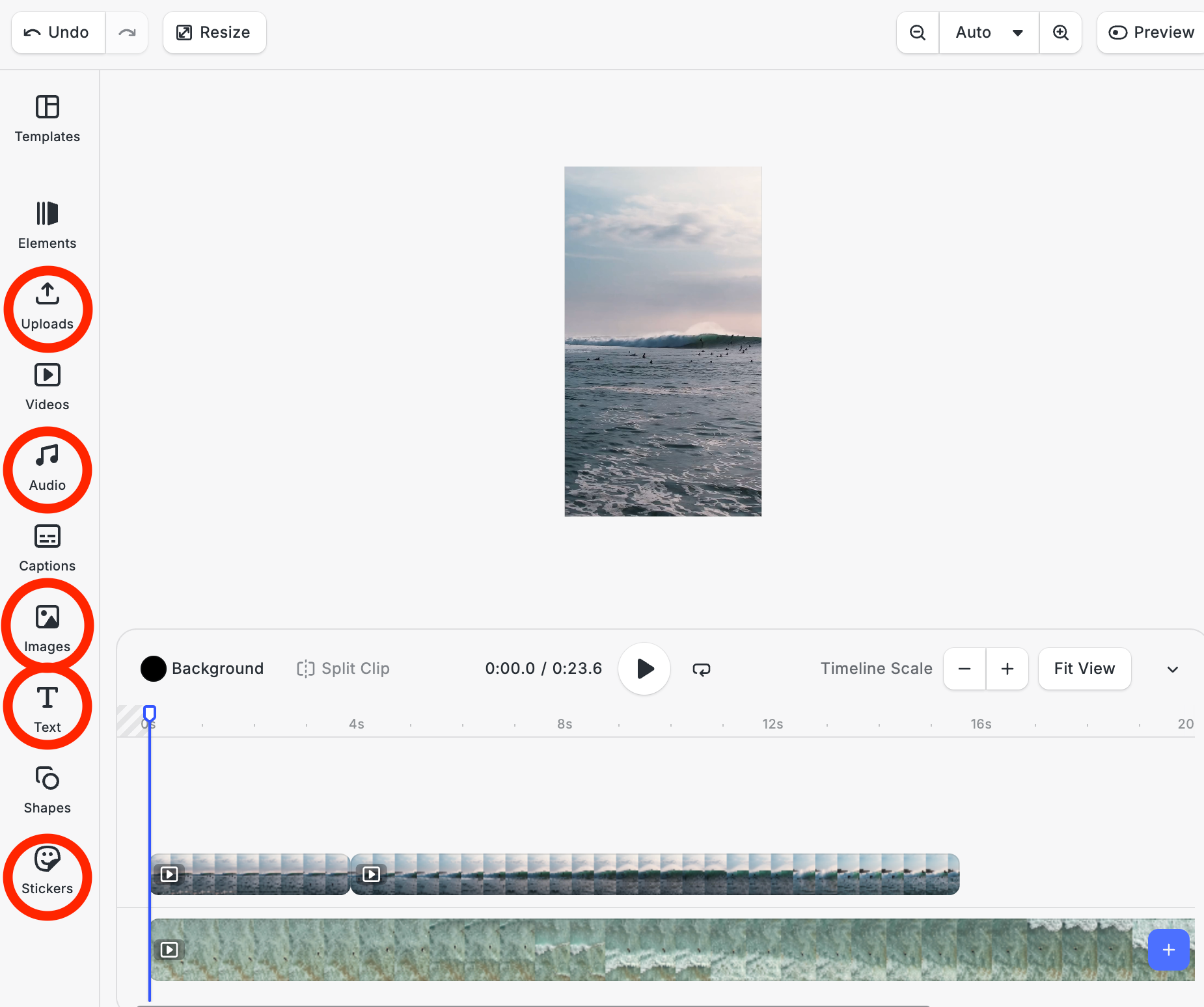 Lateral menu highlighting Uploads, Images, Audio, Text and Stickers
