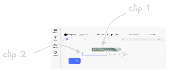 Timeline containing 2 clips, the second one being dragged along the horizontal axis