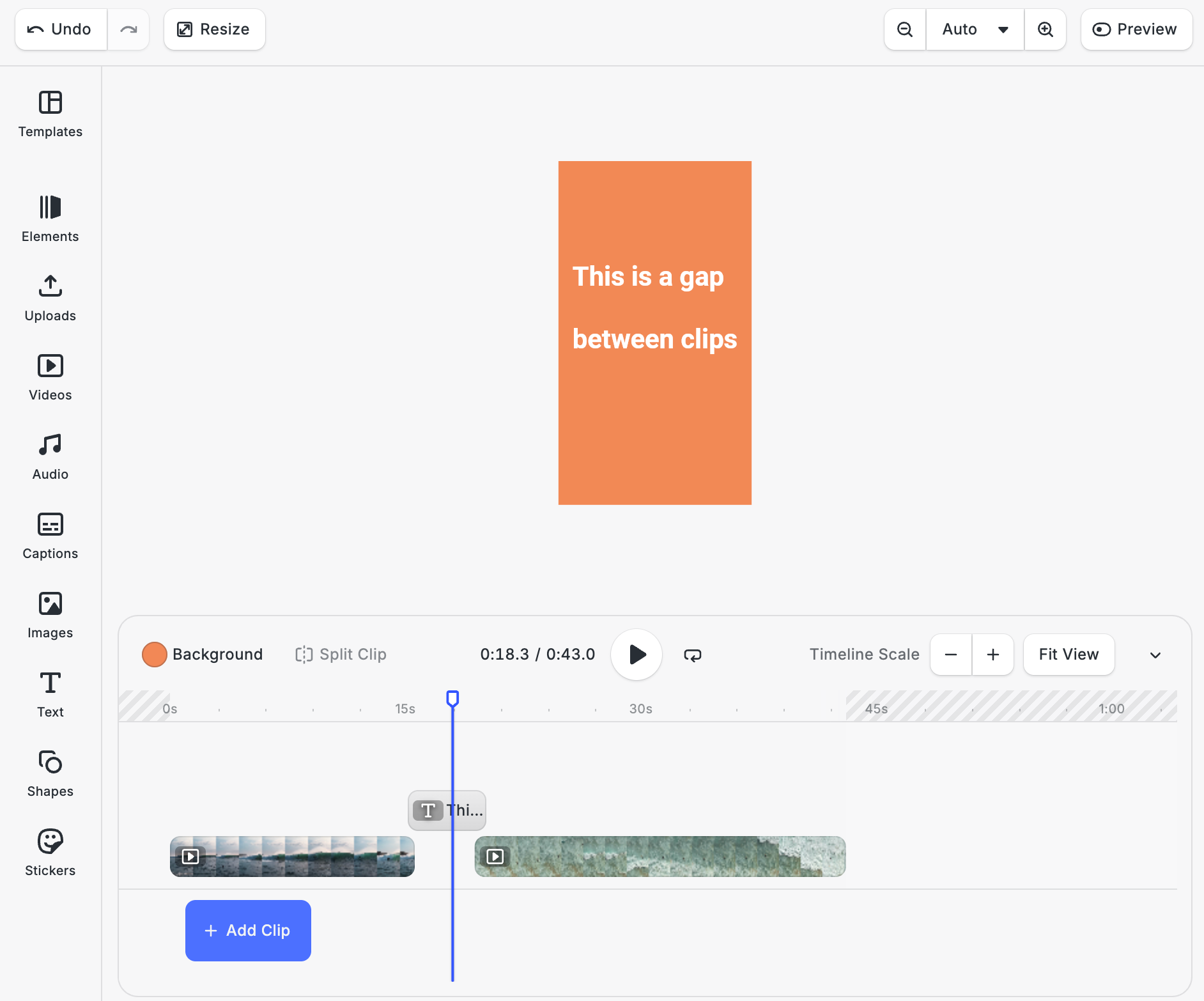 CE.SDK timeline showing an orange background color within a gap between 2 clips
