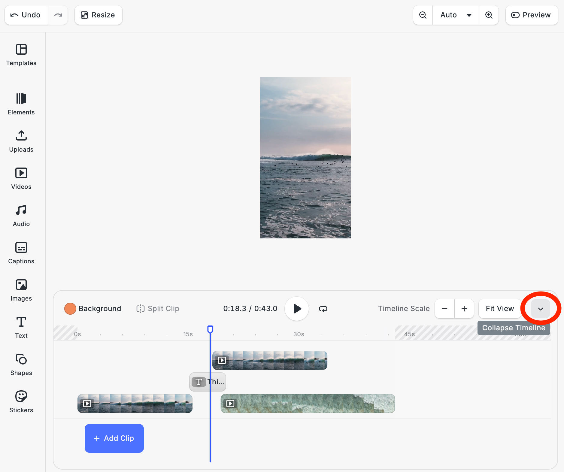 CE.SDK timeline UI with collapse toggle highlighted