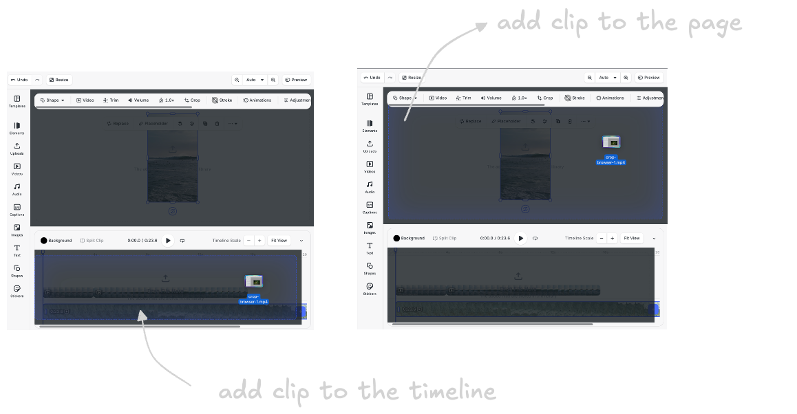 Clip being dragged to the page and clip being dragged to the timeline in the CE.SDK Editor UI