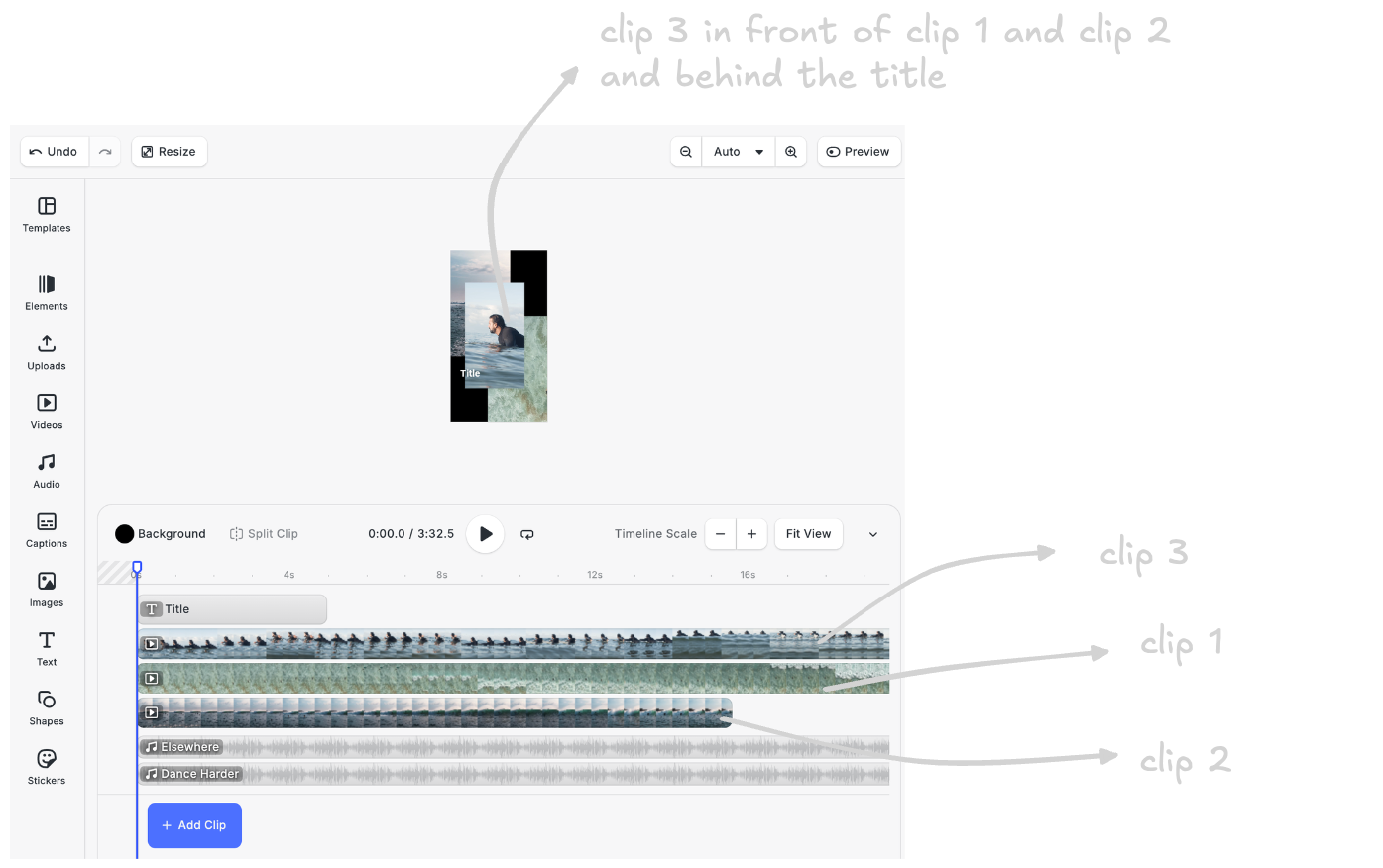 Clip 3 on top of clip 1 and clip 2 and behind the title
