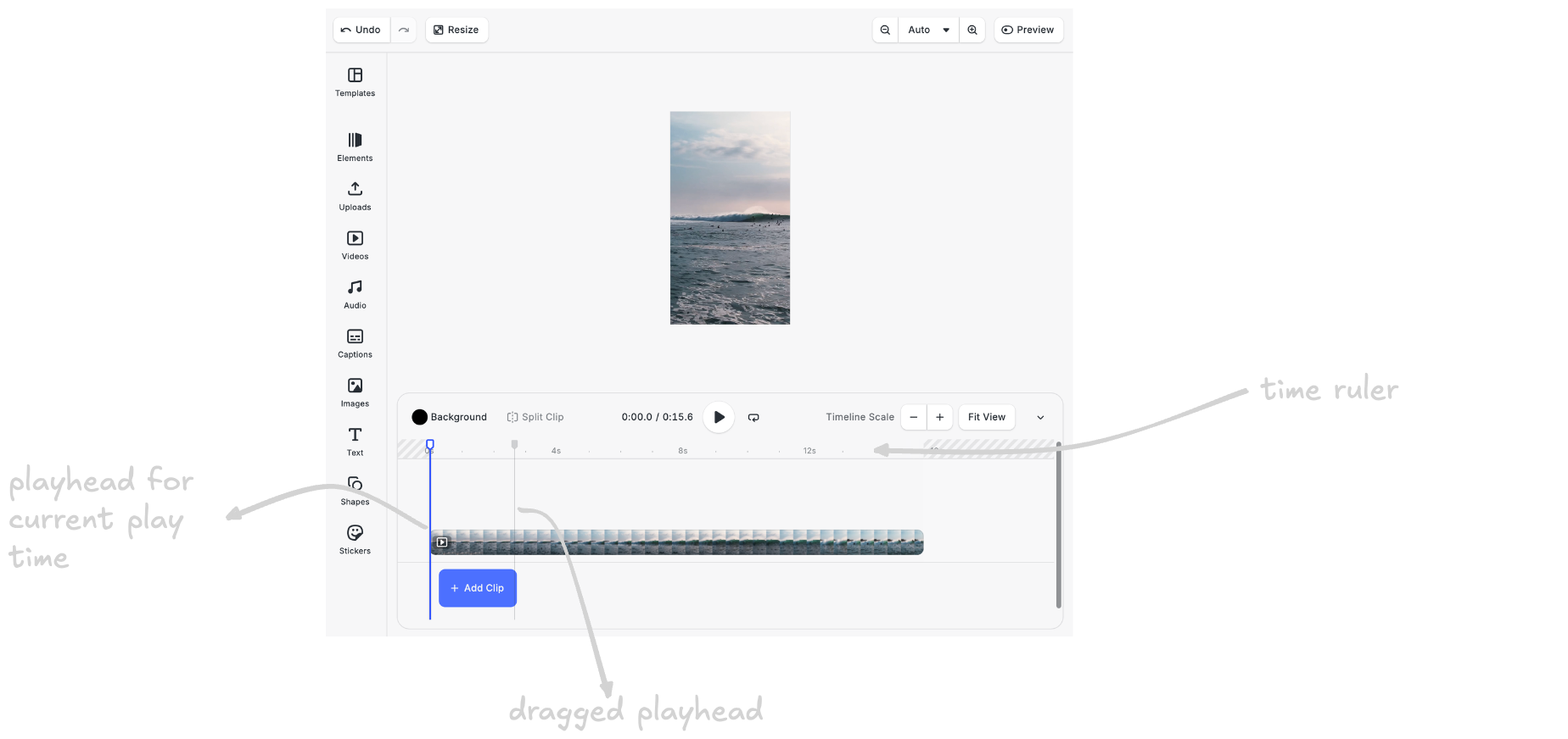 Current play time, dragged playhead and dragging zone