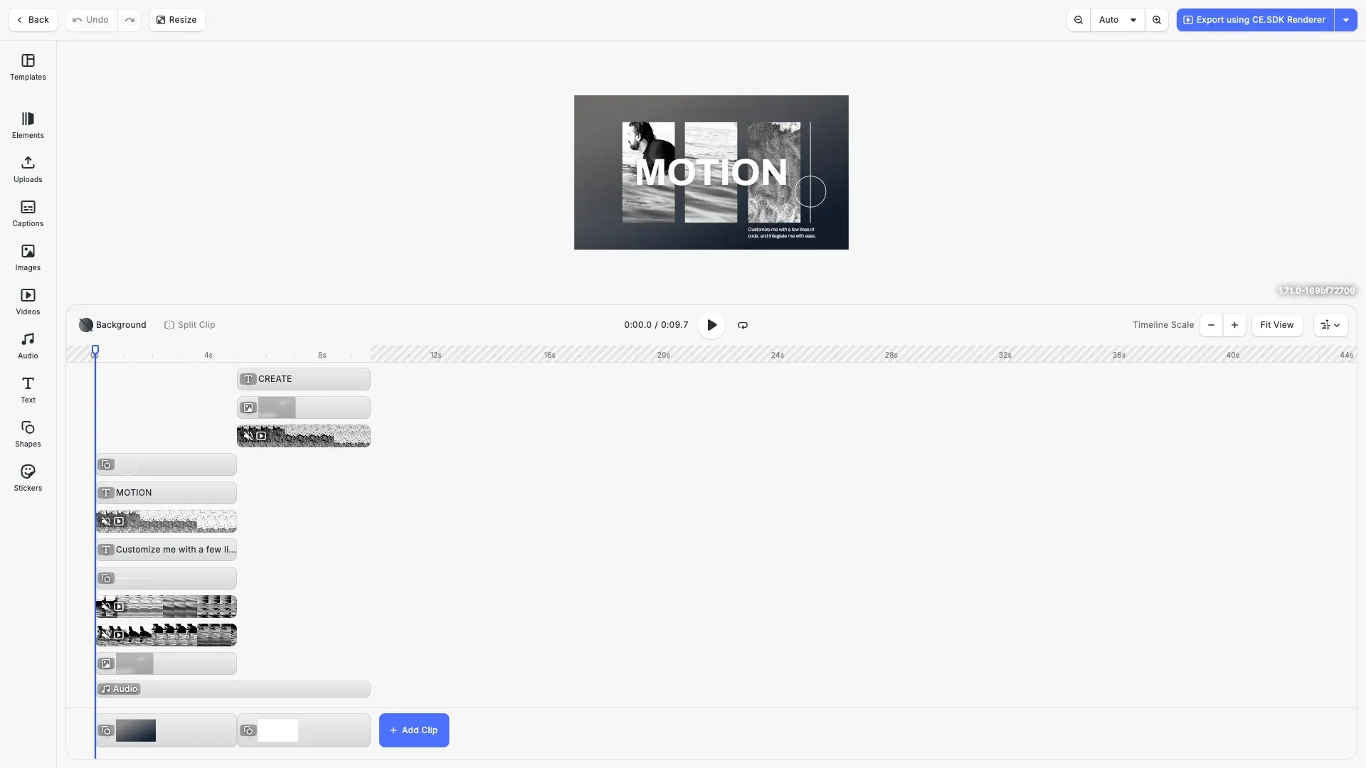 Export Using Renderer starter kit showing a professional design editing interface