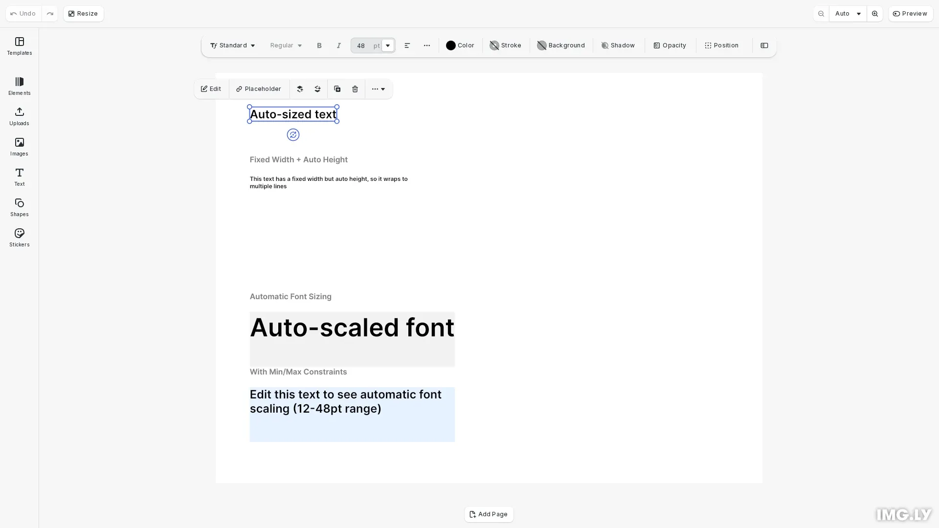 Text Auto-Size example showing text blocks with different sizing modes