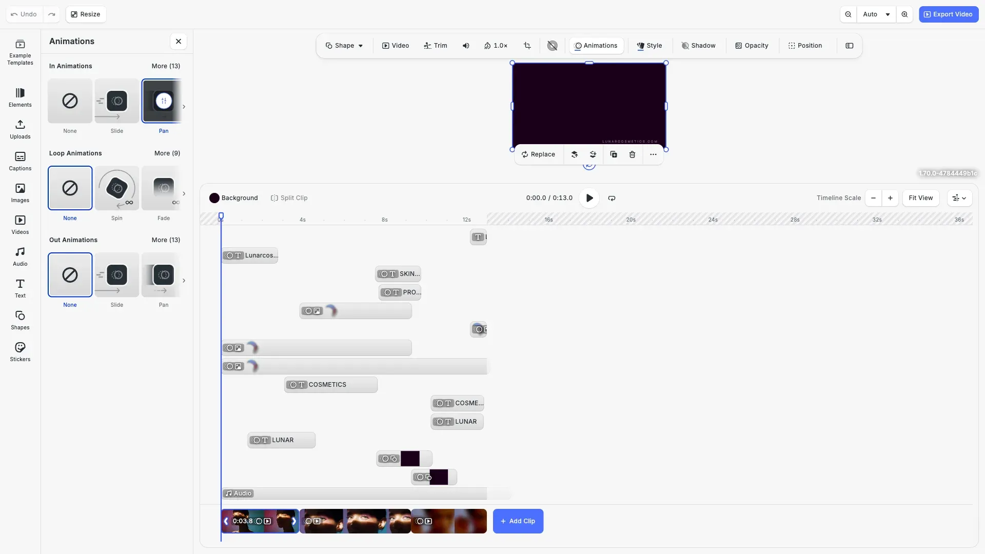 Video Animations starter kit showing a professional video editing interface