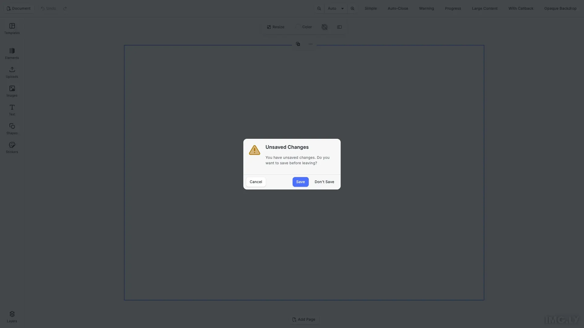 Dialogs example showing a warning dialog with Save, Don’t Save and Cancel buttons in the CE.SDK editor