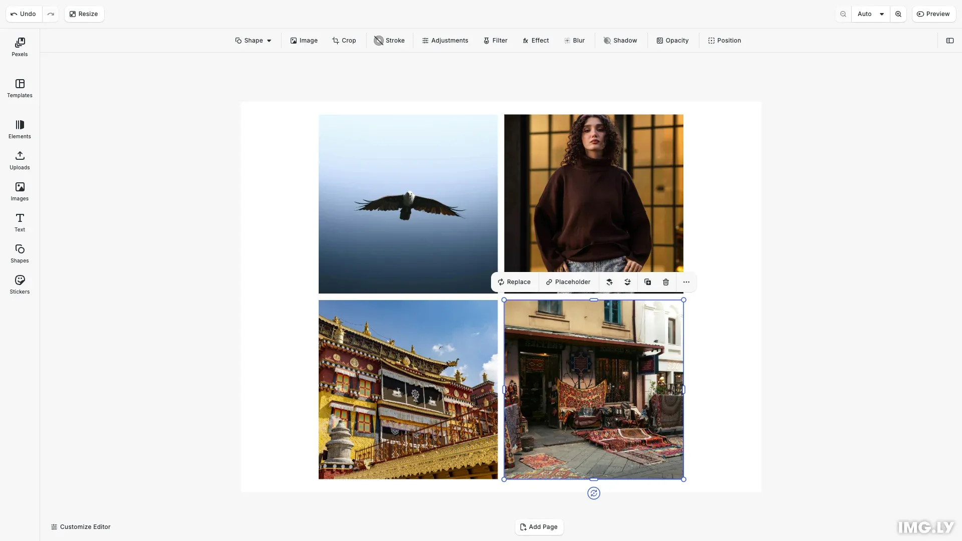 Pexels integration showing search and curated image browsing