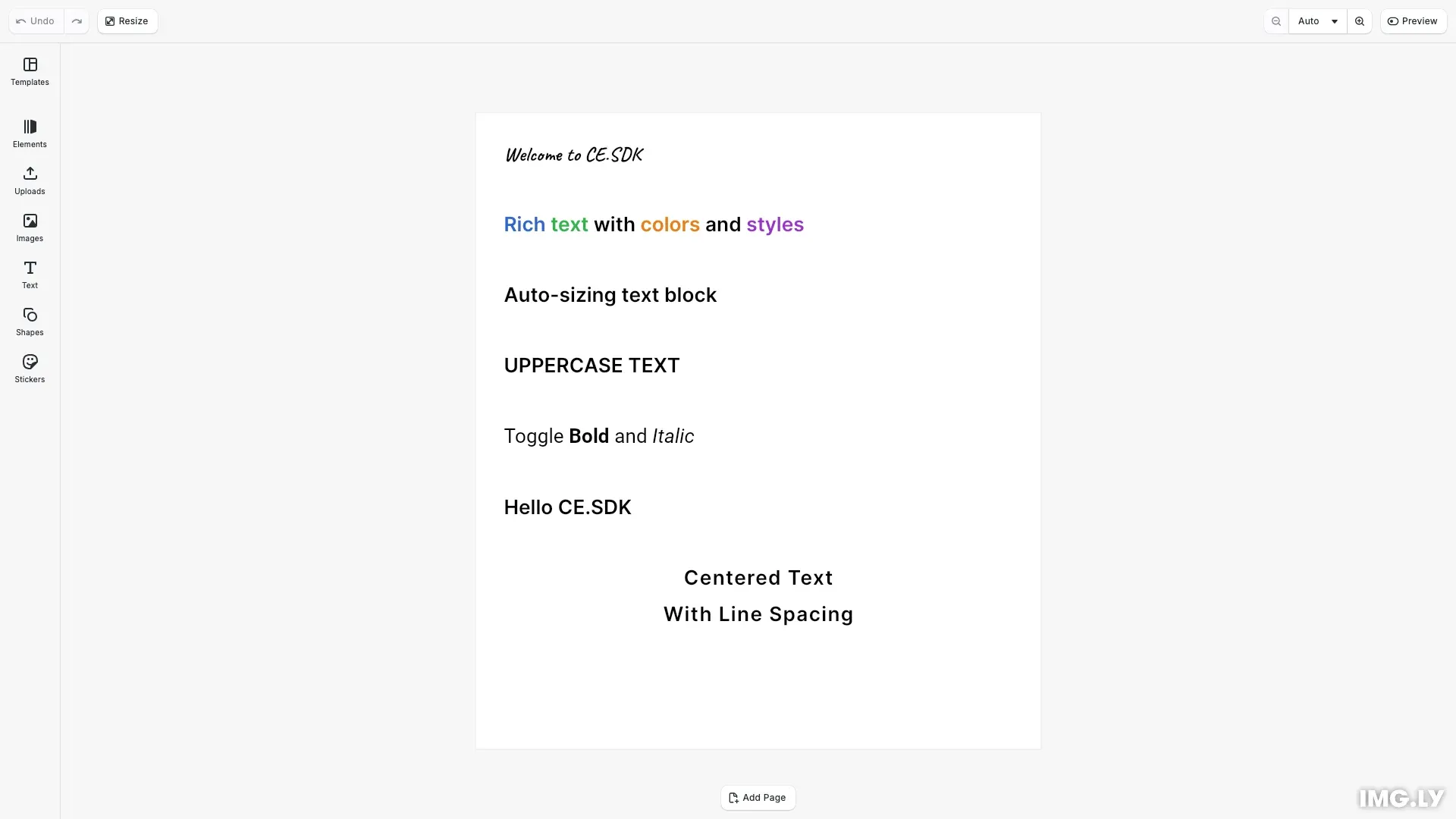 Add Text example showing styled text blocks