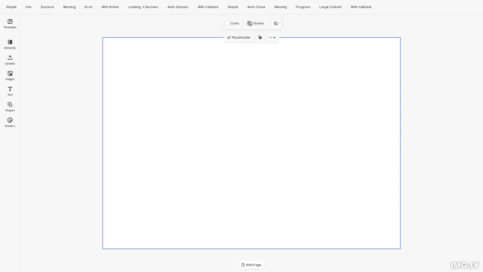 Notifications and Dialogs example showing the CE.SDK editor with notification and dialog UI