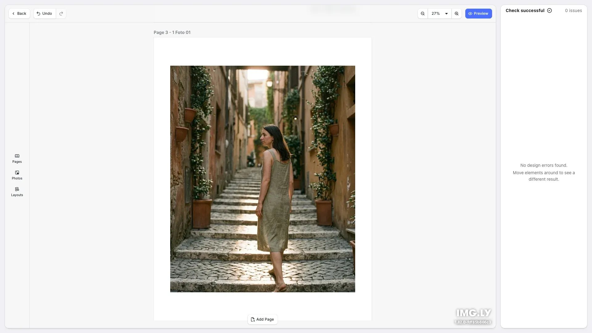 Photobook Editor starter kit showing a photobook spread with the layouts library and validation sidebar