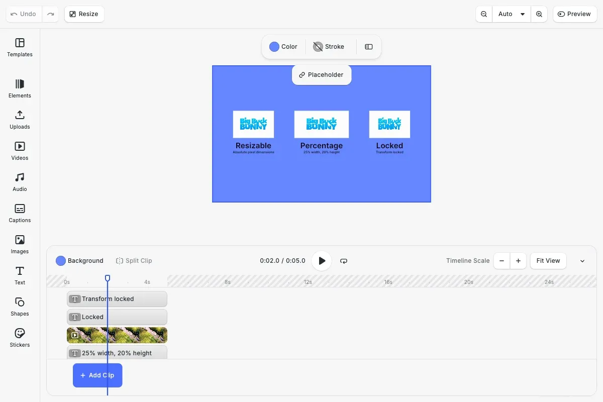 Resize videos example showing videos with different sizing modes