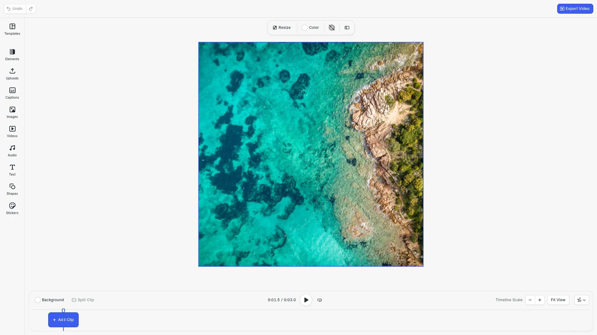 A square page filled with an aerial photo of a coast, drawn by the Lottie fill at 1.5 seconds