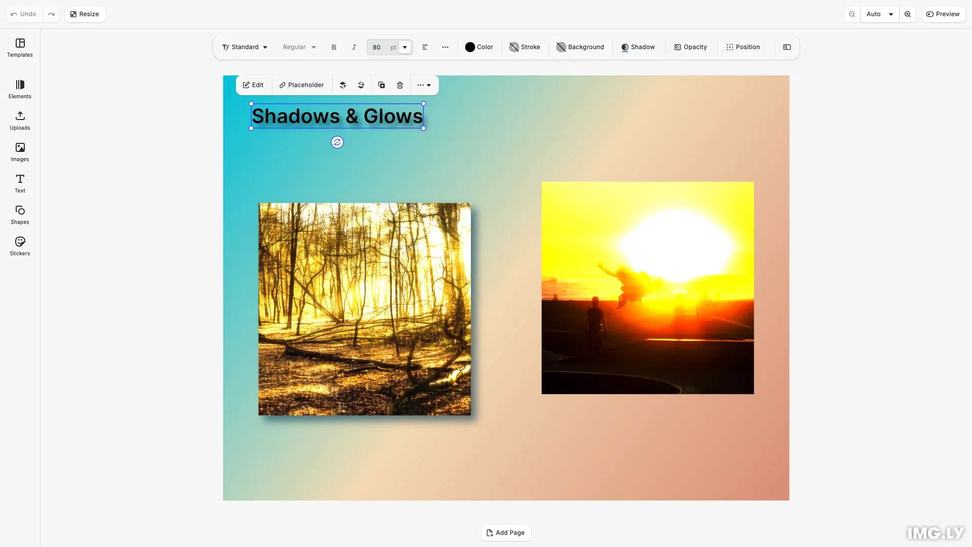 Shadows and Glows example showing text with drop shadow, image with glow effect, and shape with both