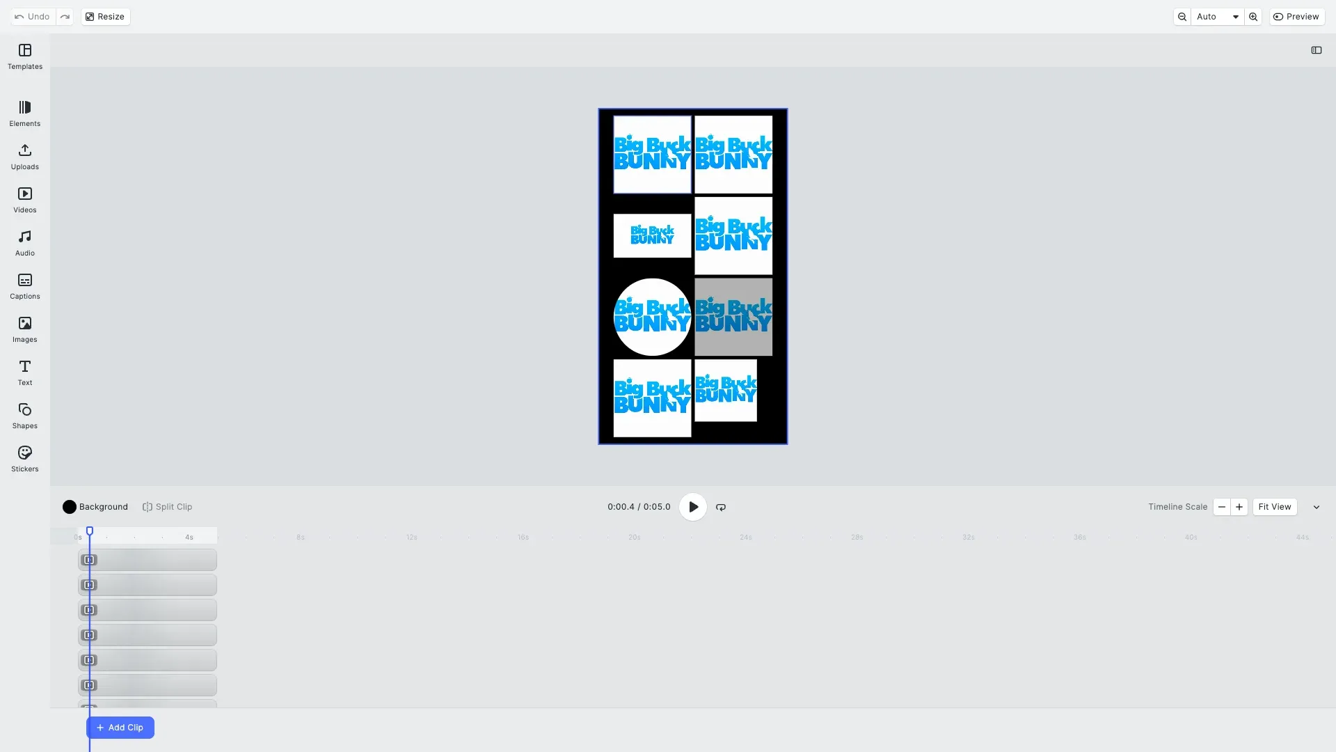 CE.SDK video fills example showing a 3x3 grid with video content applied to different blocks including rectangles, ellipse, and opacity variations