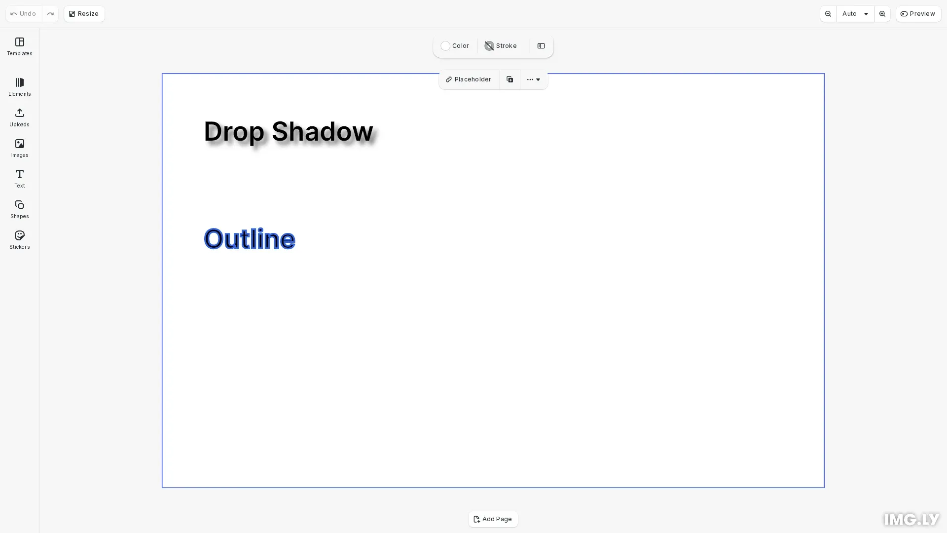 Text Effects example showing text blocks with drop shadow and stroke outline