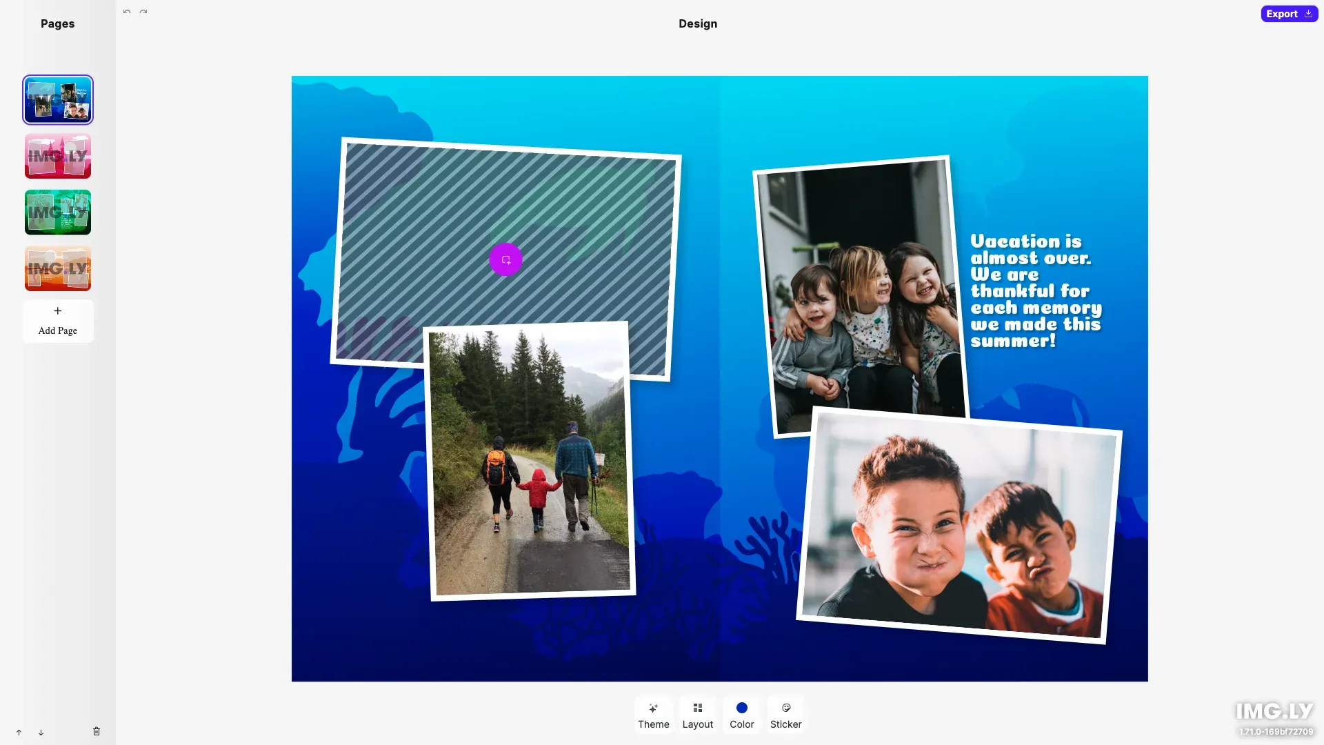 Photobook UI starter kit showing a multi-page photobook editing interface