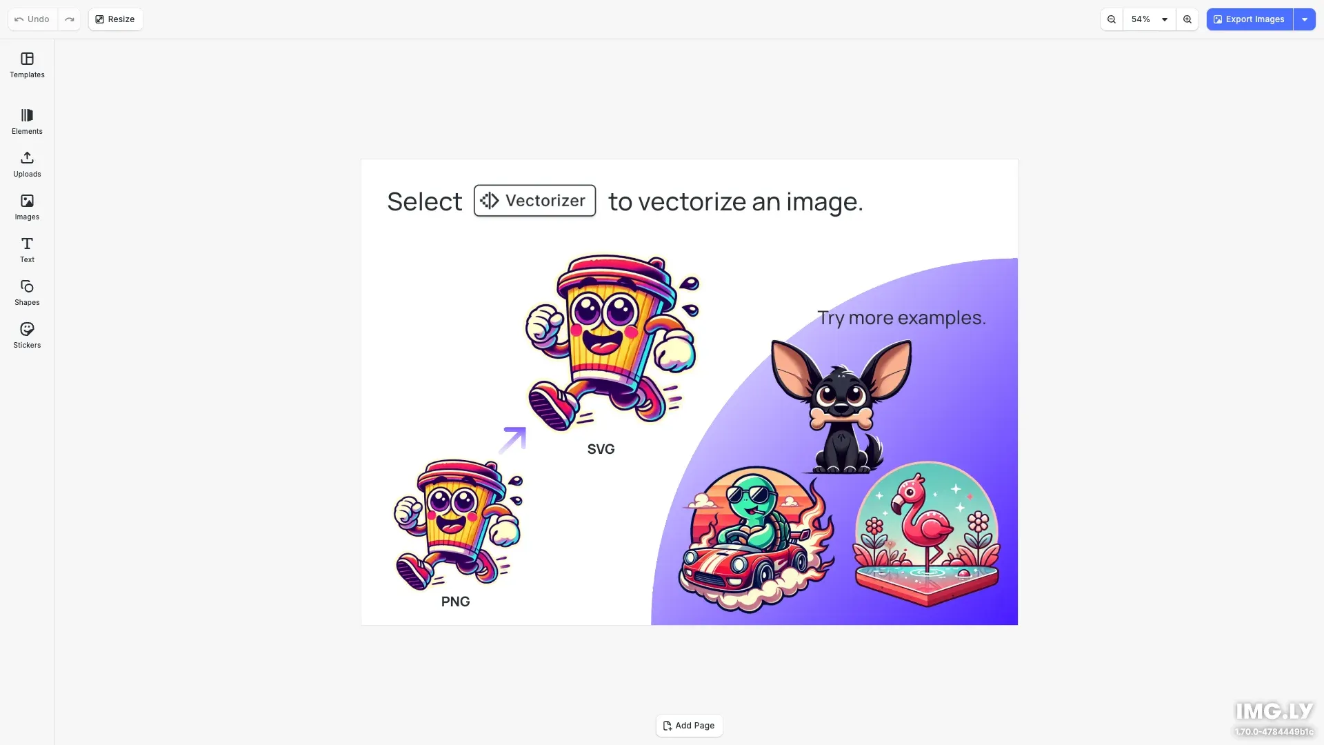 Vectorizer Editor starter kit showing Image vectorization interface