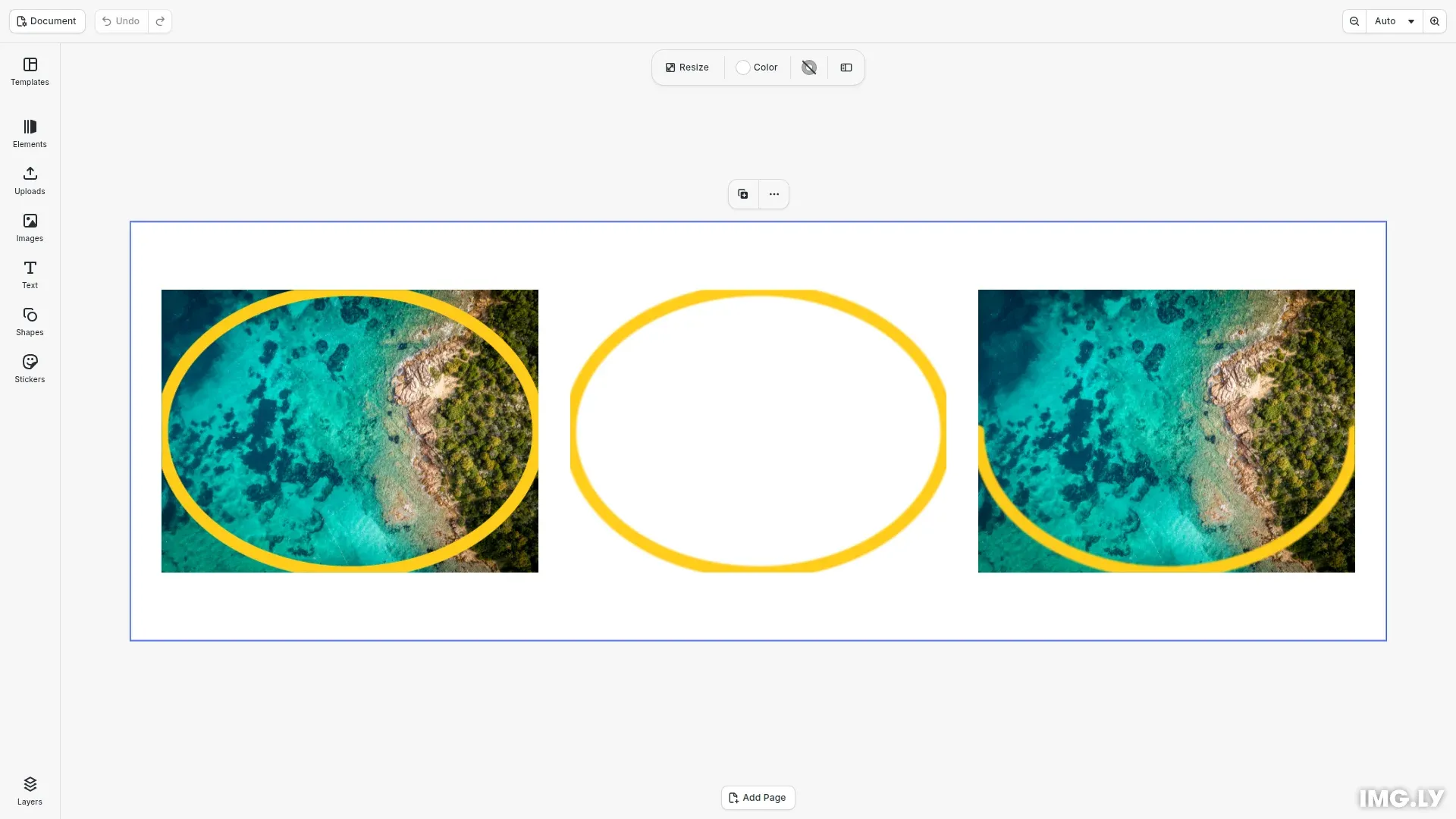 Three images with brush strokes along an ellipse mask