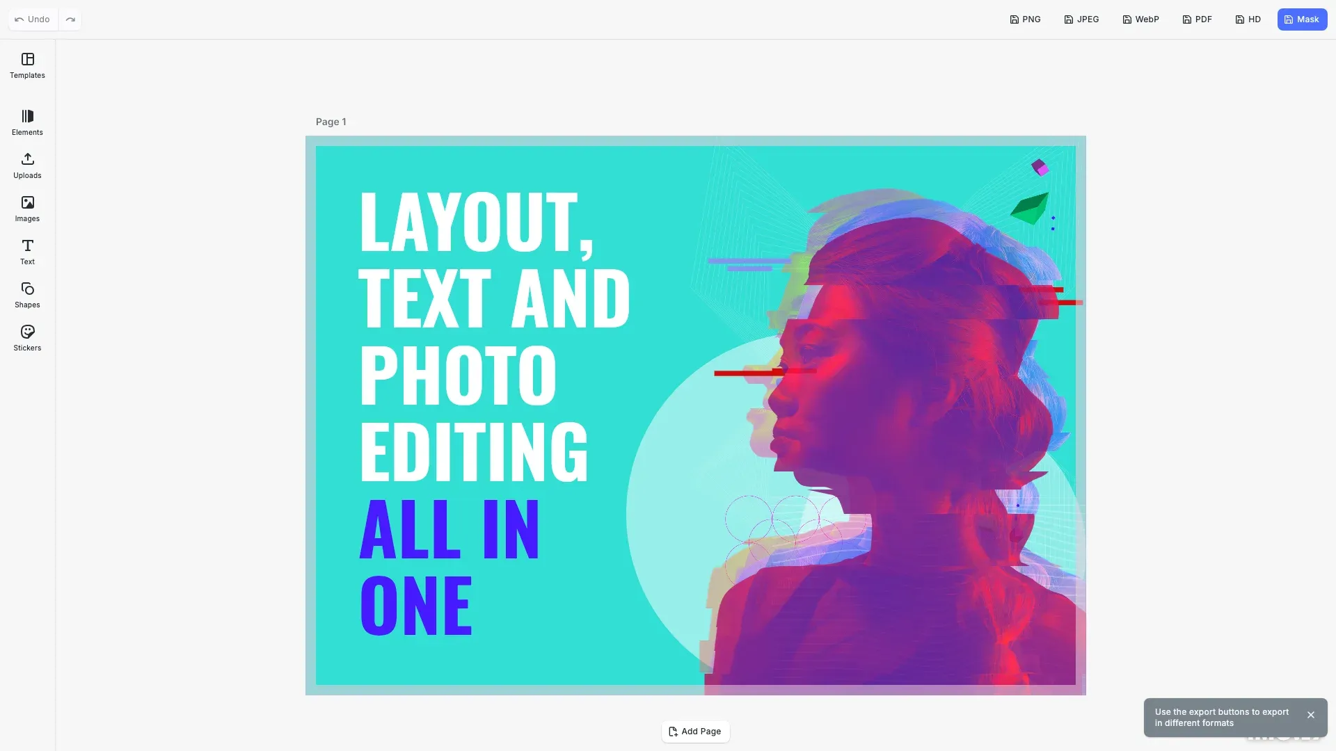 Export overview showing different export format options