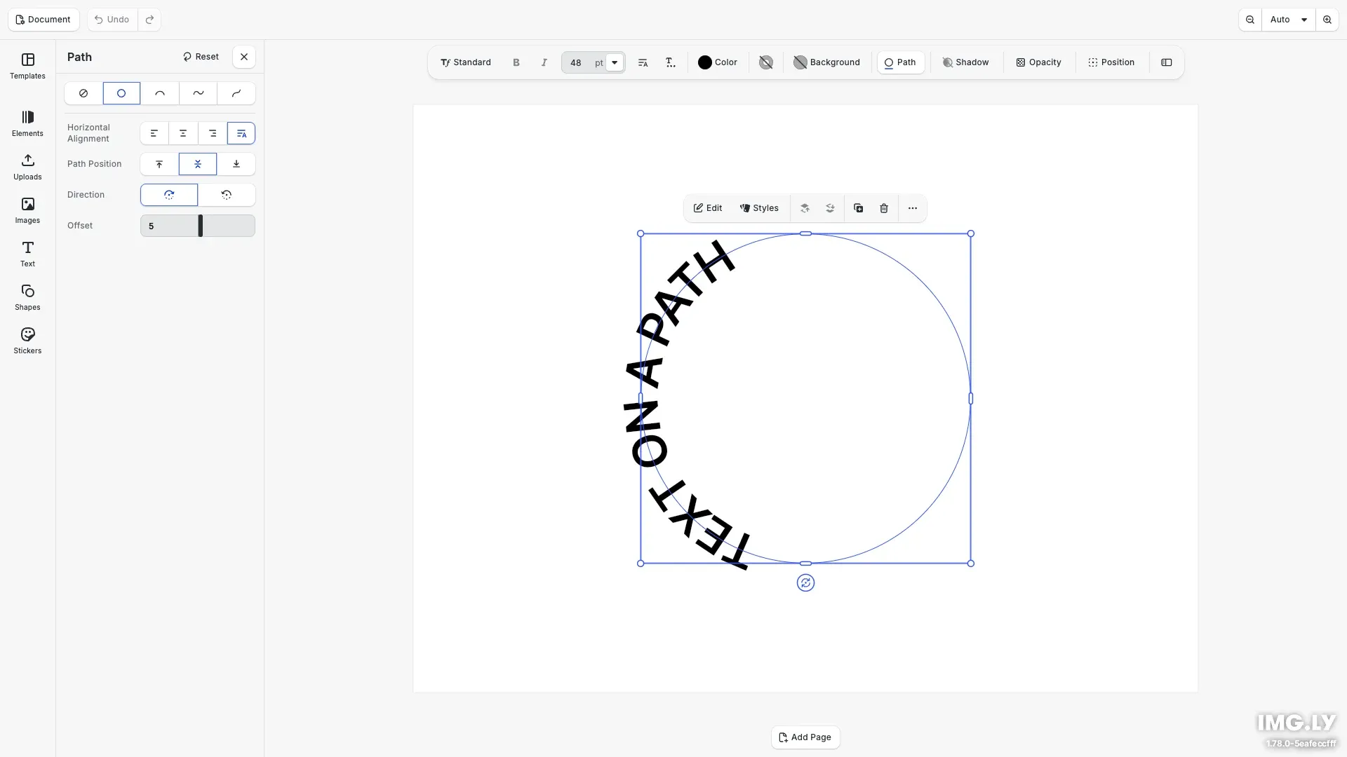 Text curved around a circular path in the CE.SDK editor