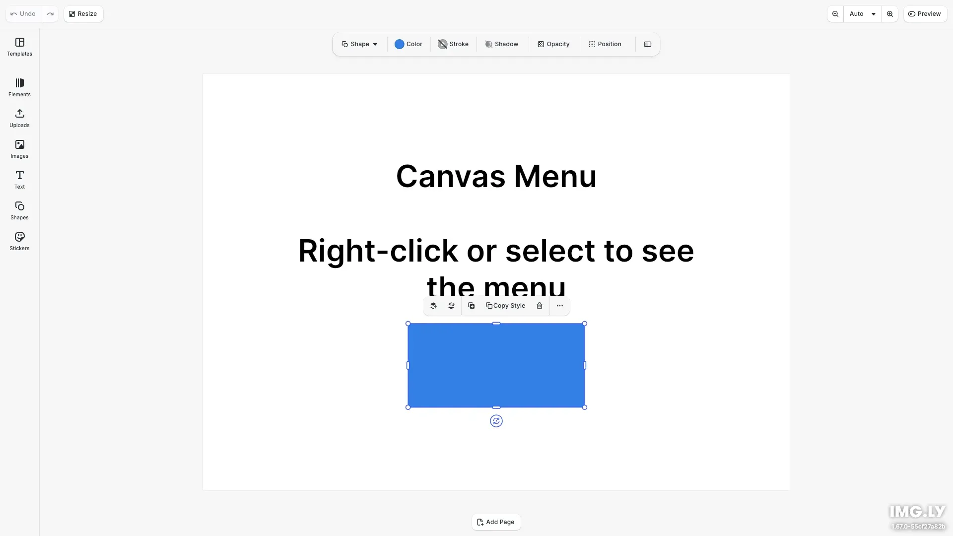 Canvas menu customization showing edit mode menus and custom actions