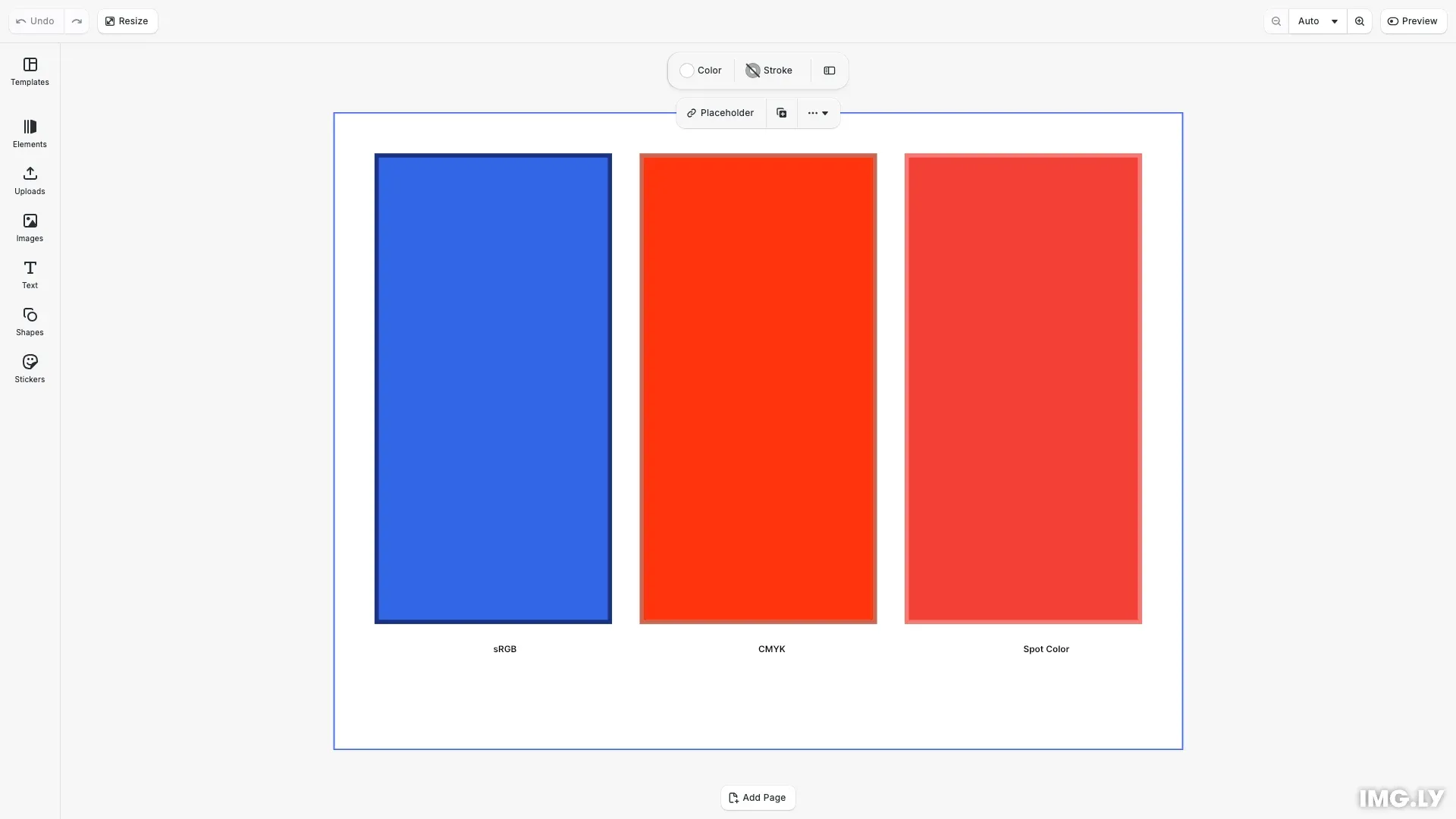 Color Basics example showing three colored blocks representing sRGB, CMYK, and Spot color spaces