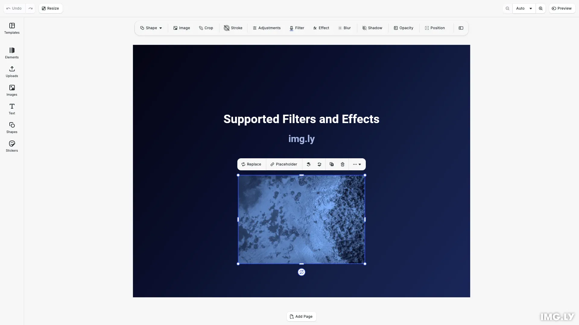 Supported Filters and Effects example showing a gradient background with glow and vignette effects