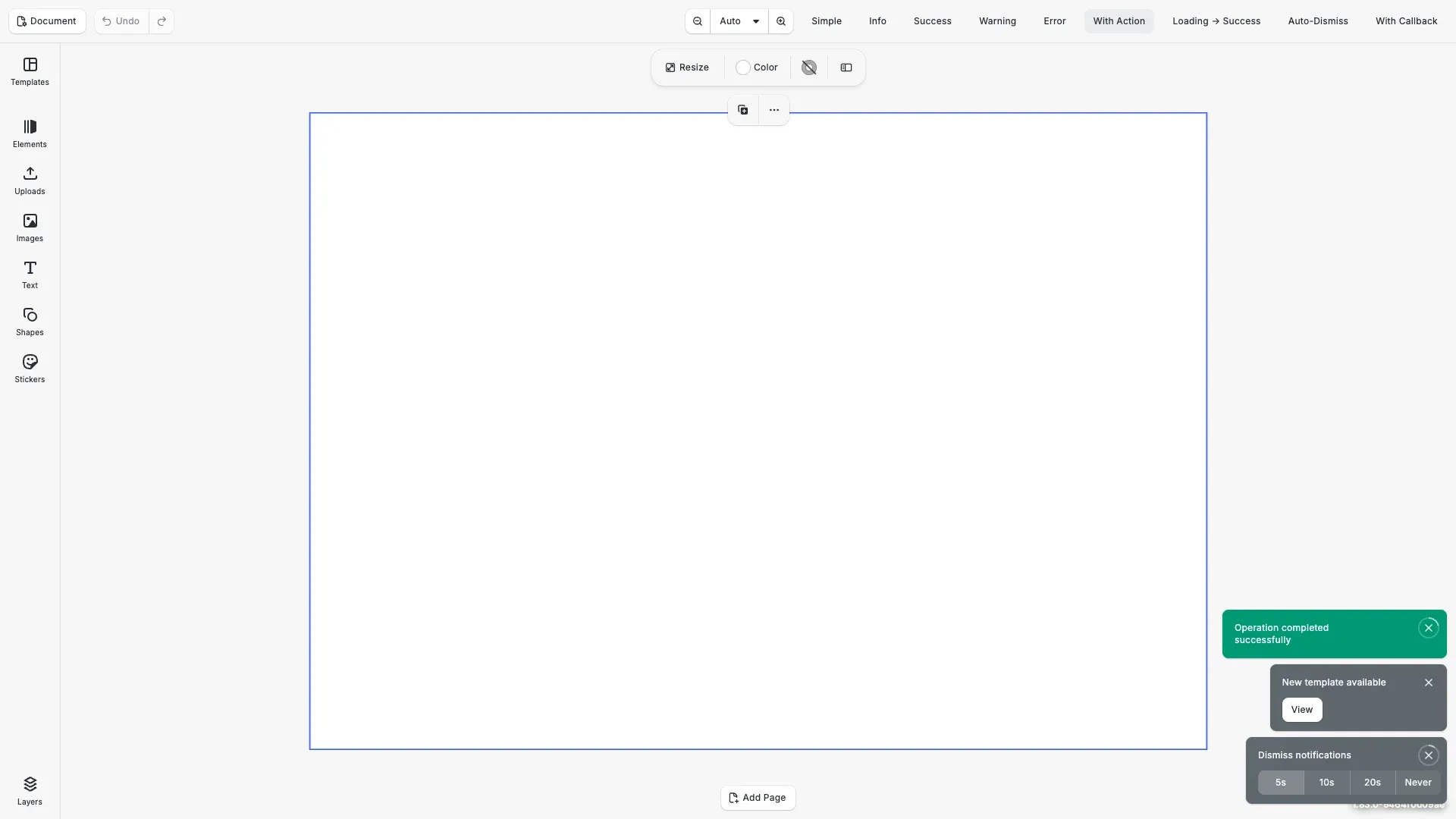 Notifications example showing a success notification and a notification with an action button in the CE.SDK editor
