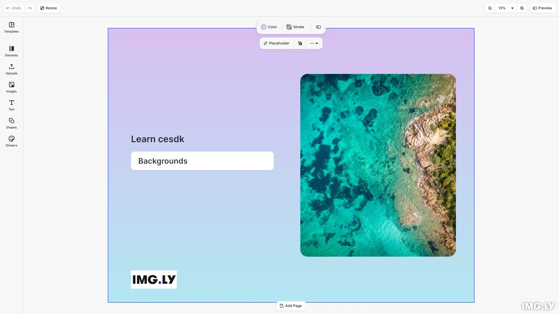 Add a Background example showing gradient page fill, text with background color, and image shape