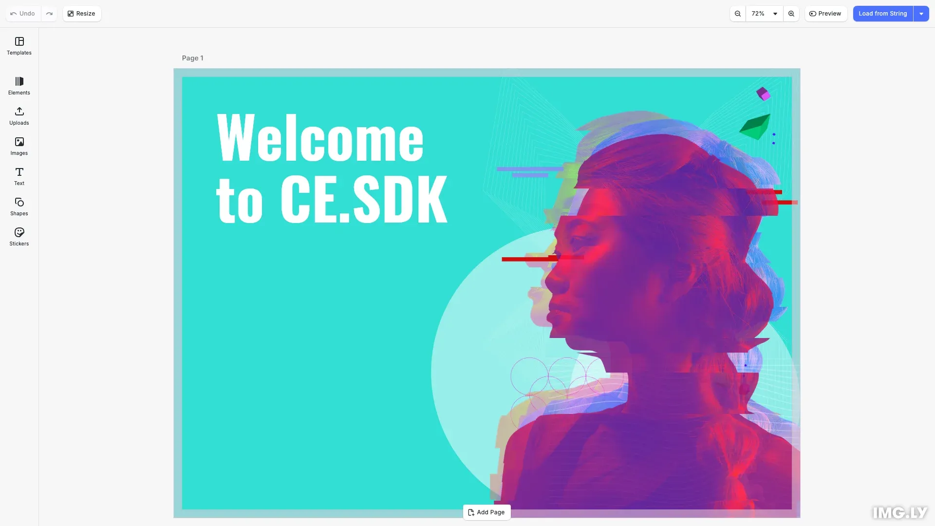 Create From Template example showing a postcard template loaded in the editor