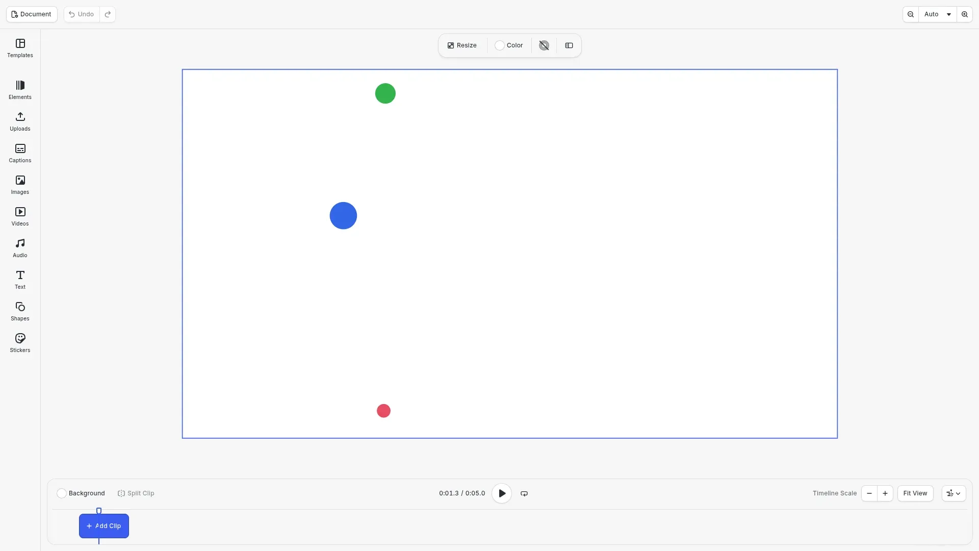 A blue ball on an arc, a red dot on a straight line and a green ball hopping, at 1.25 seconds