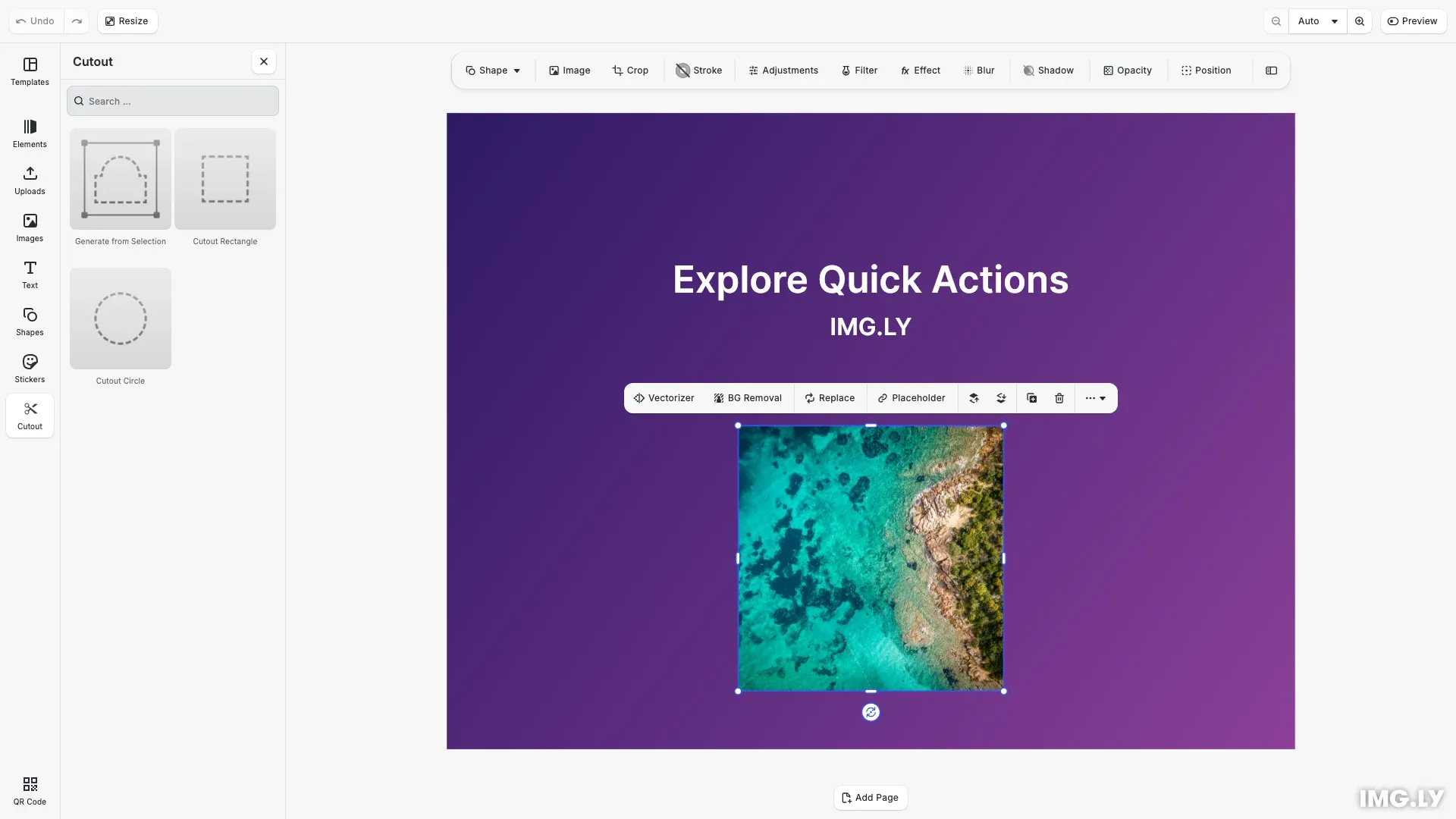 Quick Actions example showing background removal, vectorize, and cutout buttons