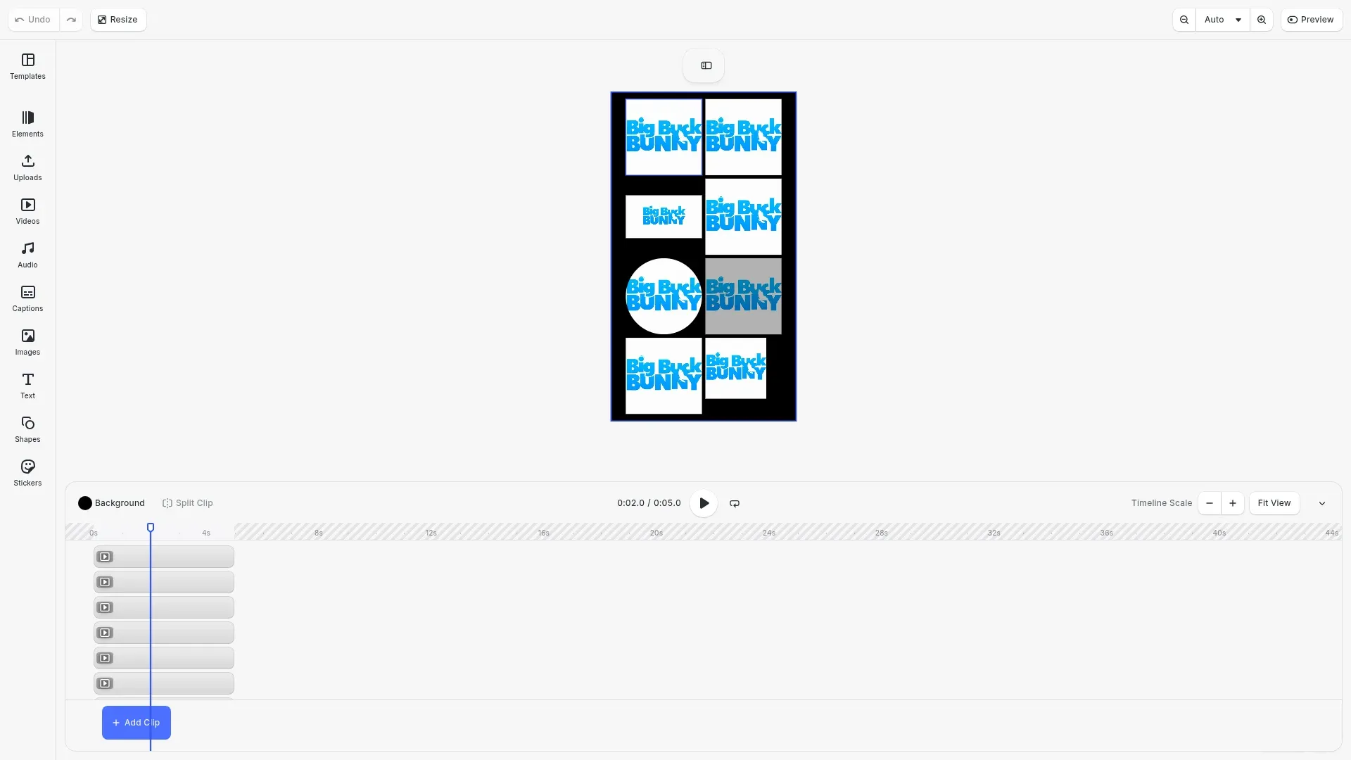 CE.SDK video fills example showing a 3x3 grid with video content applied to different blocks including rectangles, ellipse, and opacity variations