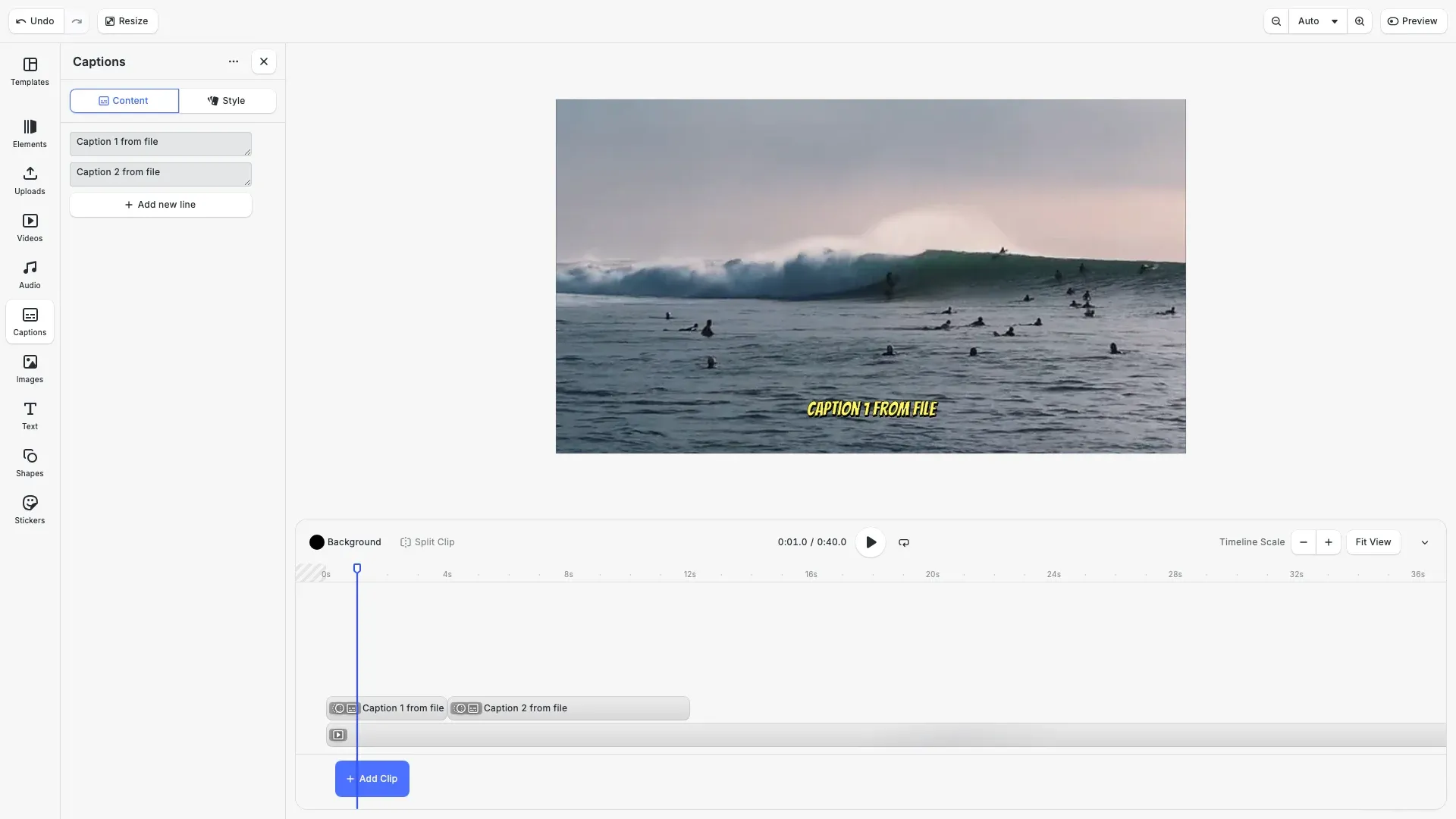 Video captions example showing timeline with caption track and styled captions