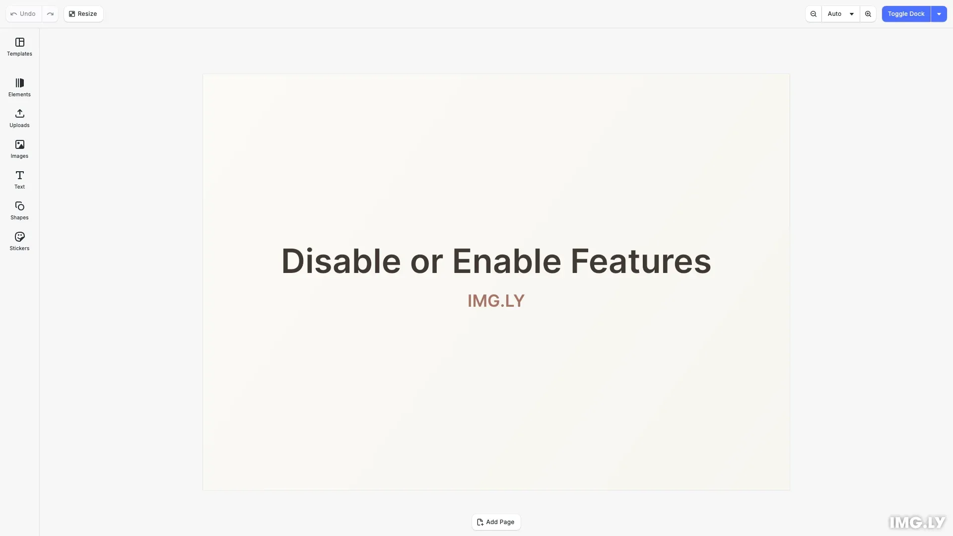 Disable or Enable Features example showing the CE.SDK editor with feature controls