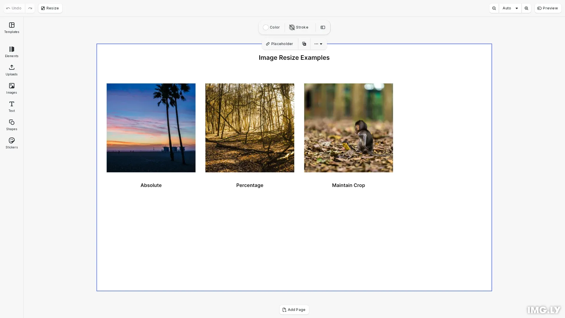 Resize images example showing different sizing modes