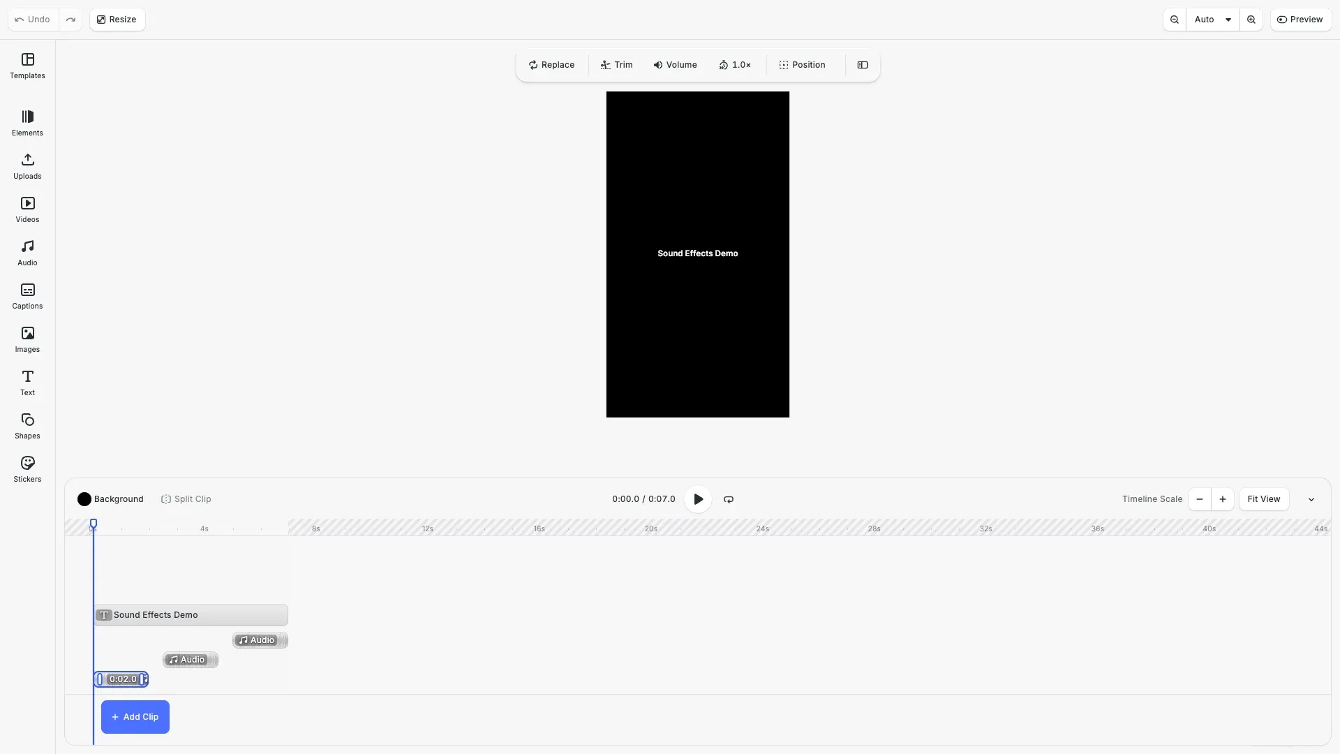 Sound Effects Demo showing programmatically generated audio on the timeline