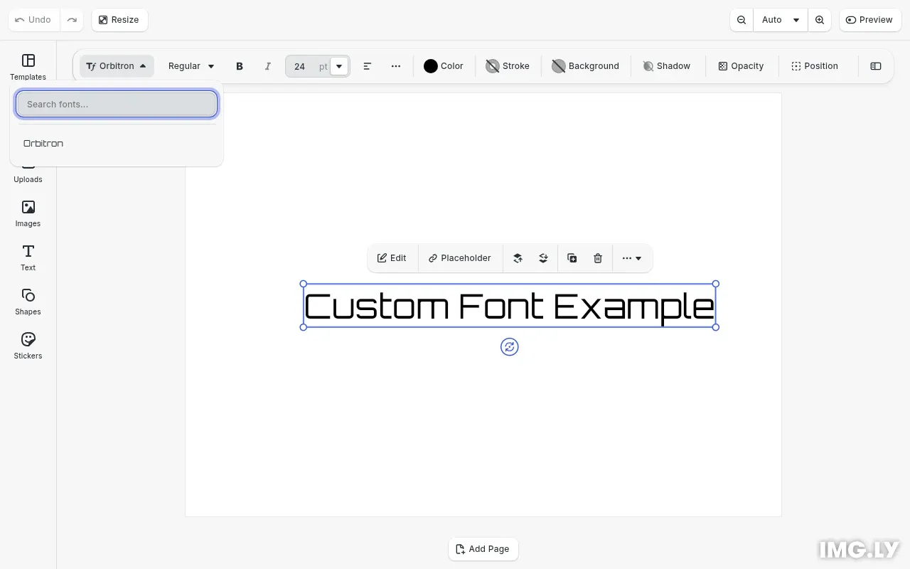 Custom Fonts example showing the font dropdown with custom typefaces