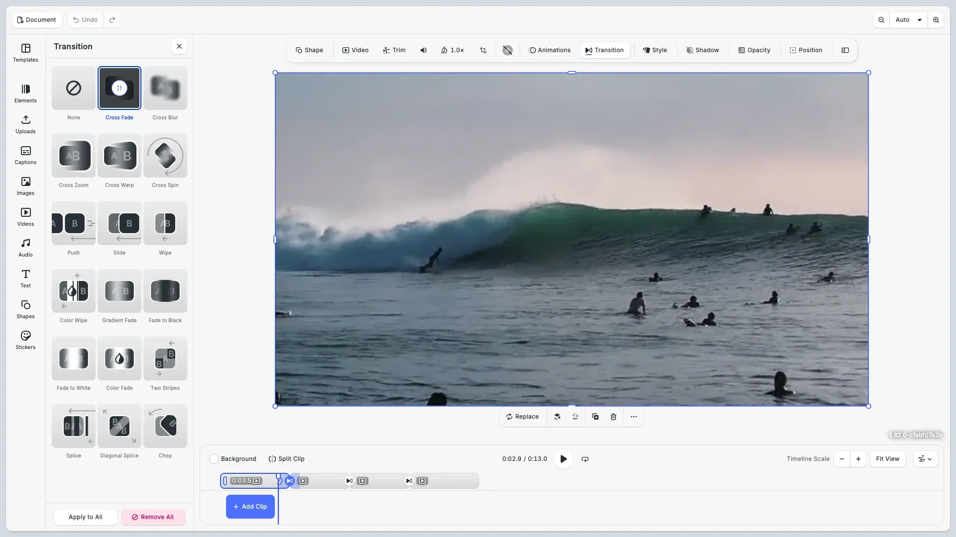 Apply Transitions example with the Transition panel open and Cross Fade applied to the first of four clips