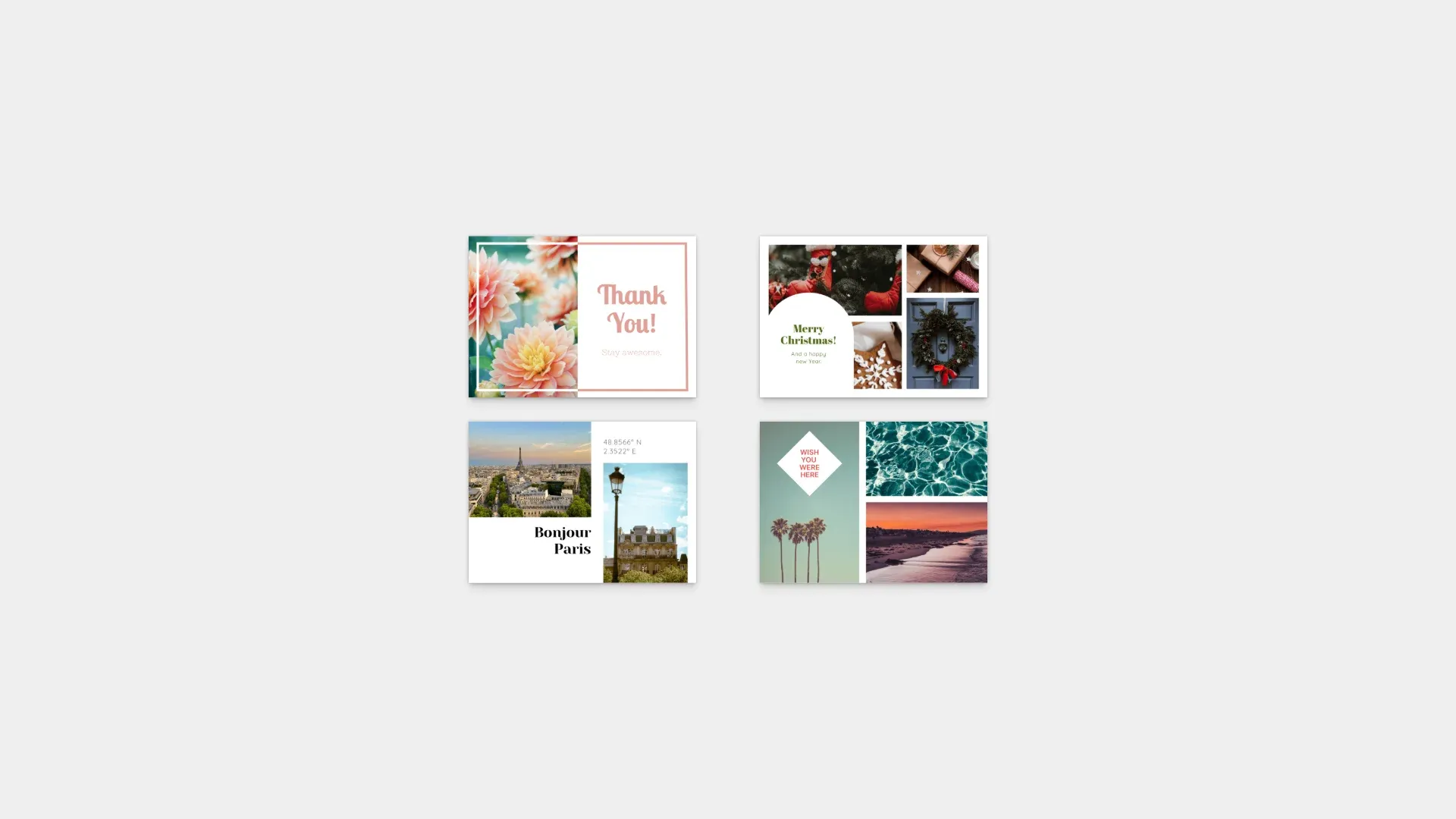 Postcard UI starter kit showing a greeting card design interface