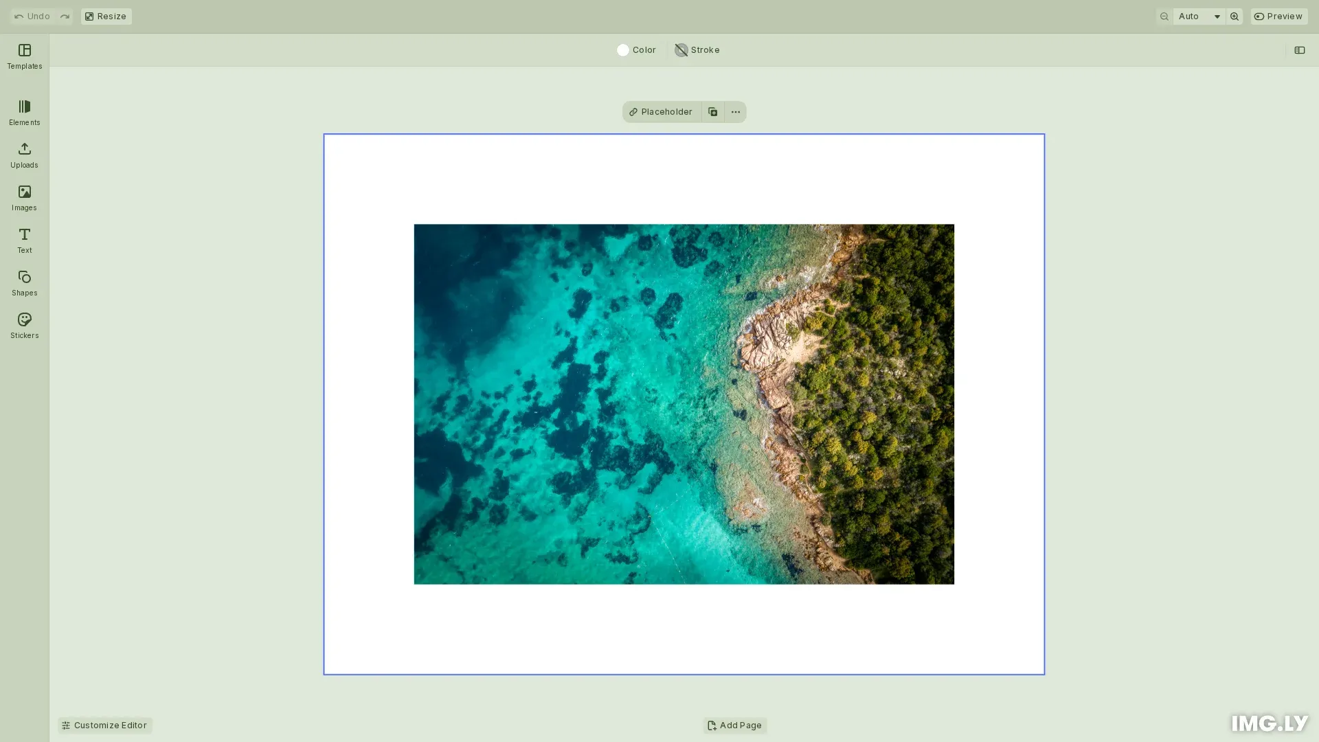 CE.SDK editor with custom green and olive nature theme showing themed UI elements